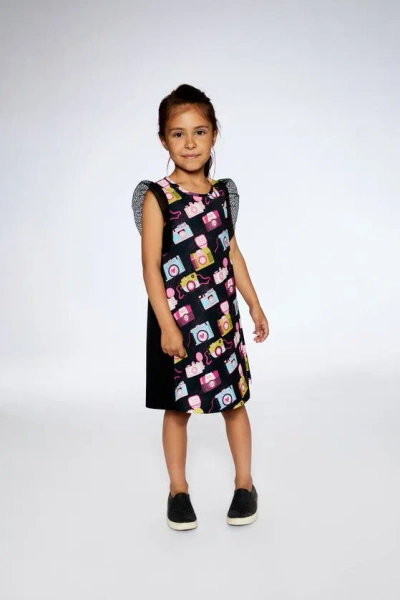 Shop Deux Par Deux Little Girl's Printed Dress With Mesh Sleeves Black