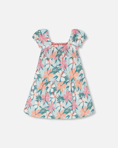 Shop Deux Par Deux Little Girl's Smocked Crinkle Dress Blue Printed Beach Hibiscus In Blue Printed Beach Ibiscus