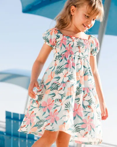 Shop Deux Par Deux Little Girl's Smocked Crinkle Dress Blue Printed Beach Hibiscus In Blue Printed Beach Ibiscus