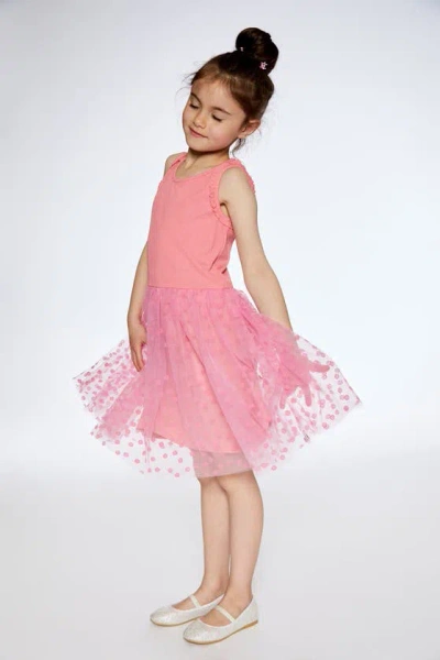 Shop Deux Par Deux Little Girl's Shiny Ribbed Dress With Mesh Flocking Flowers Pink