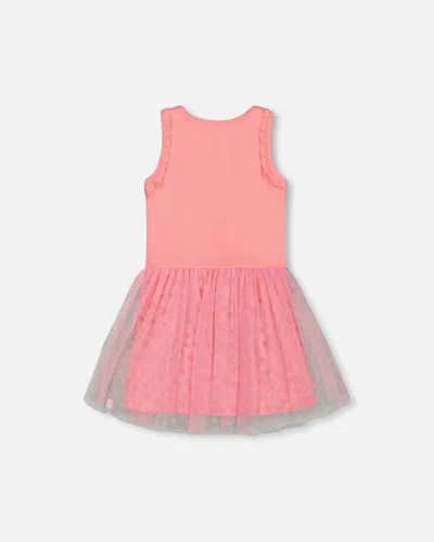 Shop Deux Par Deux Girl's Shiny Ribbed Dress With Mesh Flocking Flowers Pink