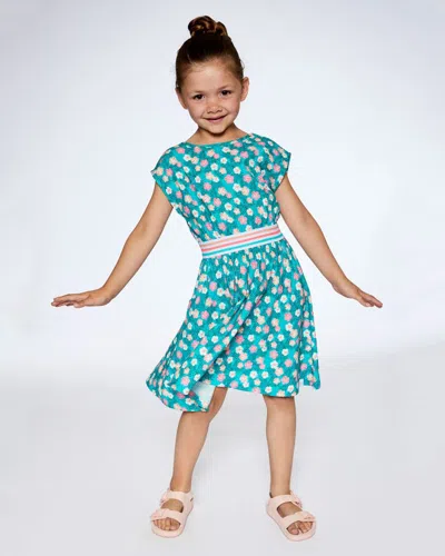 Shop Deux Par Deux Little Girl's Striped Elastic Waist Viscose Dress Turquoise Printed In Printed Small Ibiscus