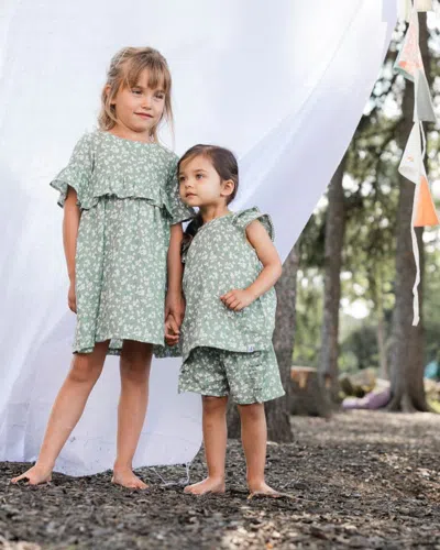 Shop Deux Par Deux Little Girl's Muslin Dress With Frill Green Jasmine Flower Print
