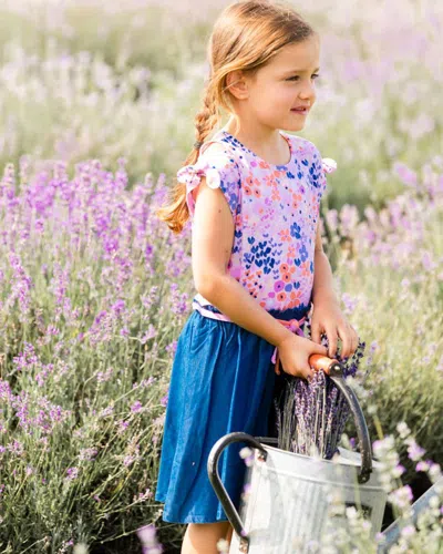 Shop Deux Par Deux Girl's Printed And Chambray Bi-material Dress Lavender In Lavender Fields Flowers