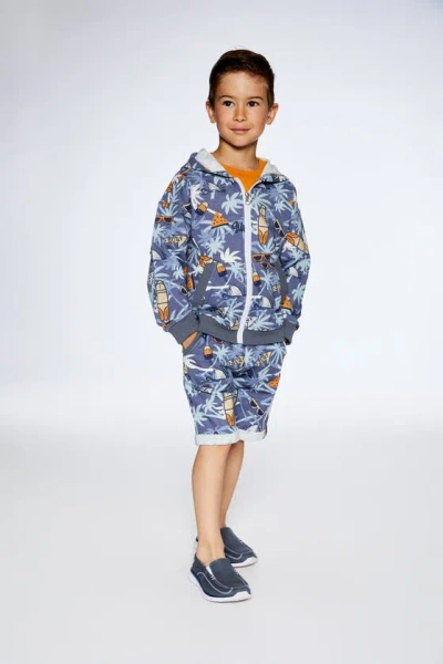 Shop Deux Par Deux Boy's French Terry Hooded Cardigan Printed Palm Tree And Surf