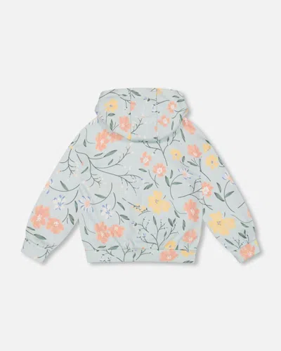 Shop Deux Par Deux Girl's French Terry Hooded Sweatshirt Baby Blue With Printed Romantic Flower In Baby Blue With Romantic