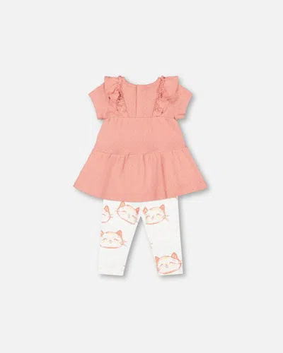 Shop Deux Par Deux Baby Girl's Organic Cotton Pointelle Knit Dress And Printed Cats Leggings Set Old Rose