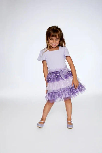 Shop Deux Par Deux Girl's Textured Knit Dress With Mesh Skirt Lavender