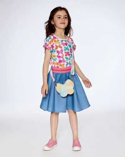 Shop Deux Par Deux Little Girl's Bi-material Dress With Chambray Skirt And White Printed Butterflies