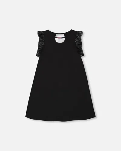 Shop Deux Par Deux Girl's Printed Dress With Mesh Sleeves Black