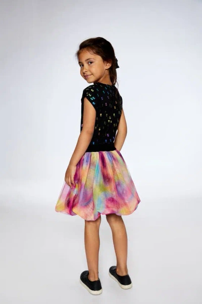 Shop Deux Par Deux Little Girl's Bi-material Dress With Rainbow Mesh Bubble Skirt In Black With Metallic Flower