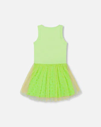 Shop Deux Par Deux Girl's Shiny Ribbed Dress With Mesh Flocking Flowers Lime