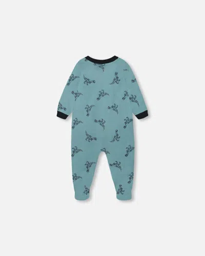 Shop Deux Par Deux Baby Boy's Organic Cotton One Piece Pajama Teal With Mechanical Dinosaurs Print In Teal With Dinosaurs