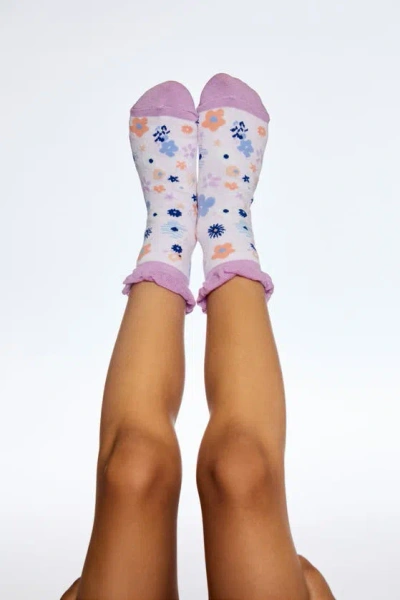Shop Deux Par Deux Girl's Jacquard Socks Lavender In Lavender With Printed Fields