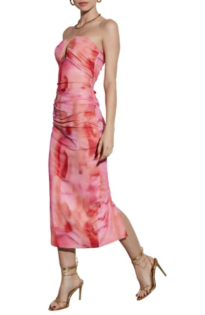 Shop Vici Collection Delora Strapless Ruched Body-con Mesh Midi Dress In Pink