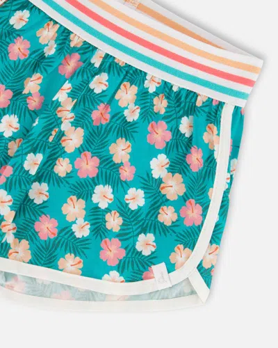 Shop Deux Par Deux Girl's Striped Waist Viscose Short Turquoise Printed In Printed Small Ibiscus