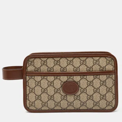 Pre-owned Gucci Brown/tan Gg Supreme Canvas And Leather Pouch In Beige