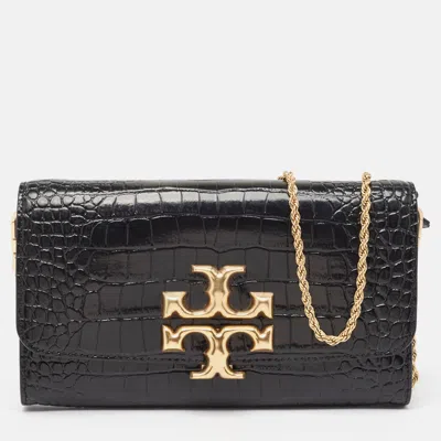 Pre-owned Tory Burch Croc Embossed Leather Eleanor Chain Clutch In Black