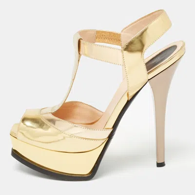 Pre-owned Fendi Gold Leather Platform T-bar Ankle Strap Sandals Size 39.5