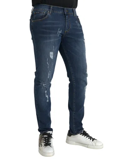 Shop Dolce & Gabbana Blue Distressed Cotton Skinny Denim Men's Jeans