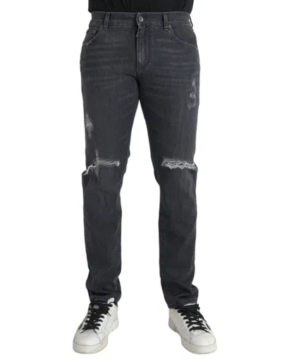 Shop Dolce & Gabbana Gray Slim Fit Logo Plaque Cotton Denim Men's Jeans