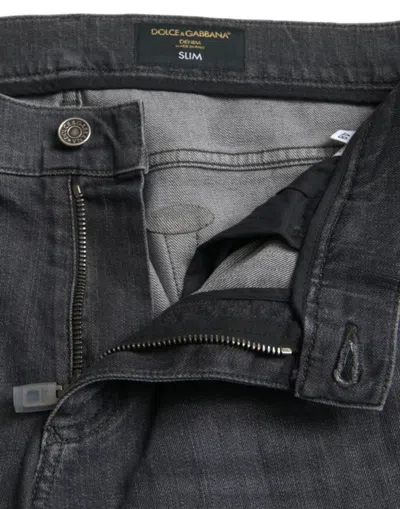 Shop Dolce & Gabbana Gray Slim Fit Logo Plaque Cotton Denim Men's Jeans