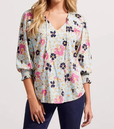 TRIBAL V-NECK 3/4 SLEEVE BLOUSE W/ELASTIC CUFF IN POOLSIDE 