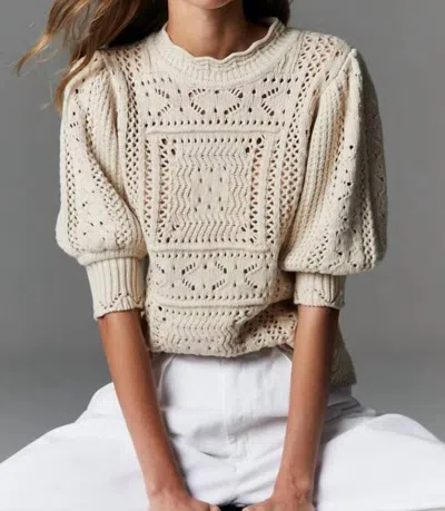 Shop Autumn Cashmere Puff Sleeve Tile Stitch Mock Top In Natural In White
