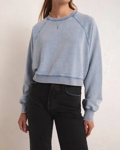 Shop Z Supply Crop Out Knit Denim Sweatshirt In Washed Indigo In Multi