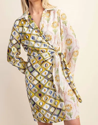 Shop Gigio Mixed Print Long Sleeved Wrap Mini Dress In Yellow/ivory In Multi
