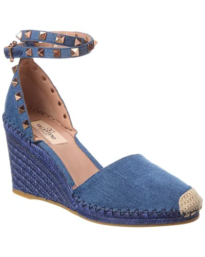 Shop Valentino Rockstud 80 Denim Wedge Sandal In Blue