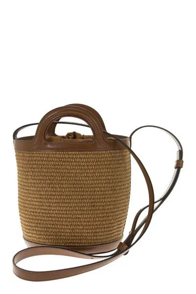 Shop Marni Tropicalia - Raffia And Calfskin Bucket Bag In Raw Sienna