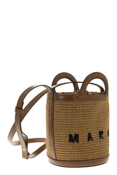 Shop Marni Tropicalia - Raffia And Calfskin Bucket Bag In Raw Sienna