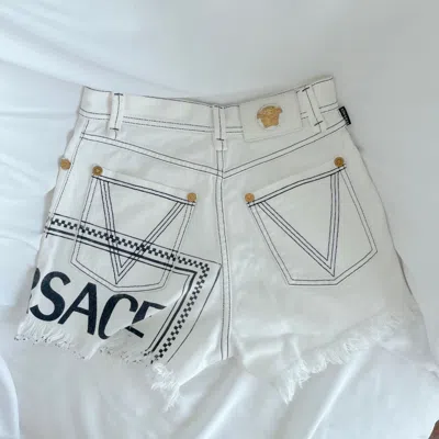 Pre-owned Versace White Denim Fringe Shorts With Logo