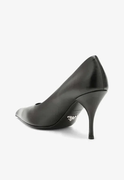 Shop Prada 85 Pointed-toe Leather Pumps In Black