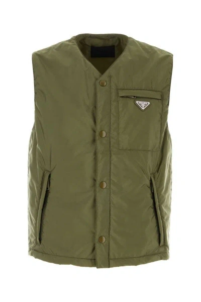 Shop Prada Man Army Green Nylon Sleeveless Padded Jacket