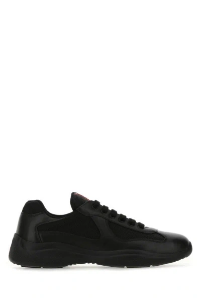 Shop Prada Man Black Leather And Mesh Sneakers