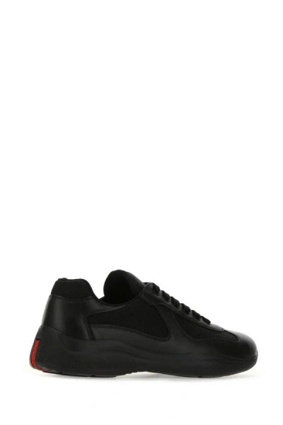 Shop Prada Man Black Leather And Mesh Sneakers
