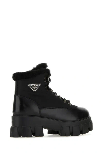 Shop Prada Woman Black Leather And Nylon Monolith Ankle Boots