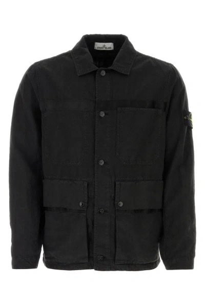Shop Stone Island Man Black Linen Blend Cotton Jacket