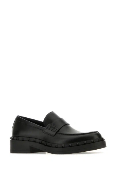 Shop Valentino Garavani Man Black Leather Rockstud Loafers