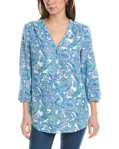 Jones New York Plus Size Linen V-neck Pleated Kelly Blouse In Blue