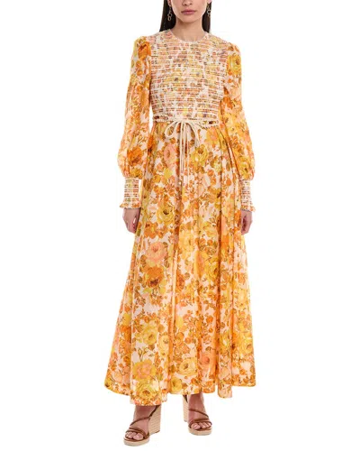 Shop Zimmermann Raie Smocked Midi Dress In Yellow