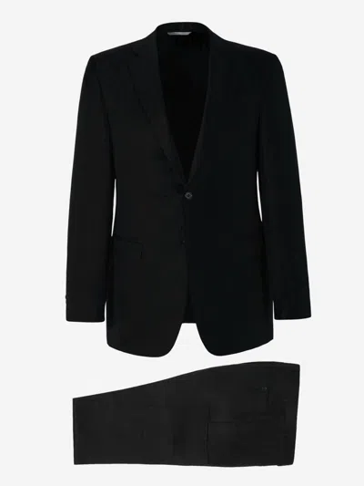 Shop Canali Linen And Silk Suit In Navy Blue