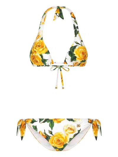Shop Dolce & Gabbana Flower Print Bikini Set In White