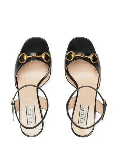 Shop Gucci Horsebit Lether Heel Sandals In Black