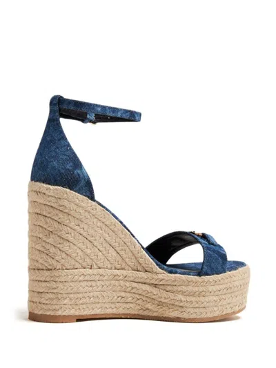 Shop Versace Barocco Denim Sandals With Wedge In Blue