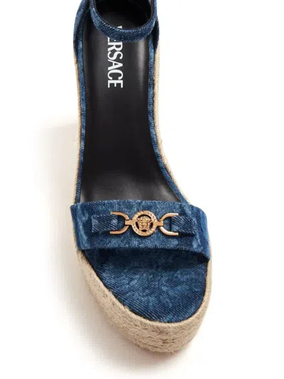 Shop Versace Barocco Denim Sandals With Wedge In Blue