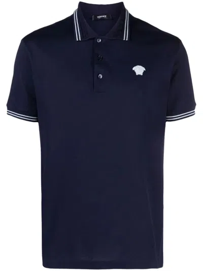 Shop Versace Polo Shirt With Medusa Embroidery In Blue