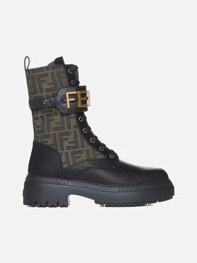 Shop Fendi Graphy Ff Fabric And Leather Biker Boots In Black,tobacco,black
